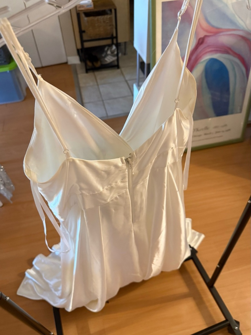 Satin White Spaghetti Strap A-Line Gown - Picture 3 of 9